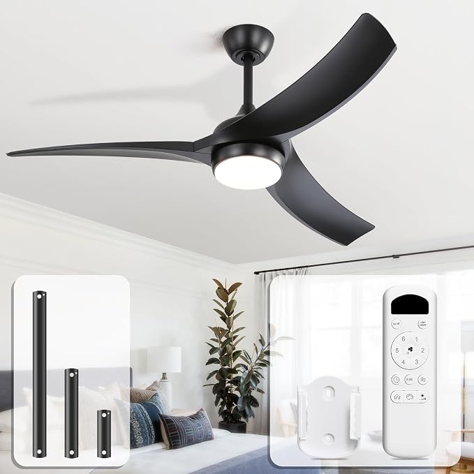 52 Inch Ceiling Fan with Light, Outdoor Black Ceiling Fan with Lights Remote Control Airflow 6000CFM 3 CCT Dimmable 3-Timer