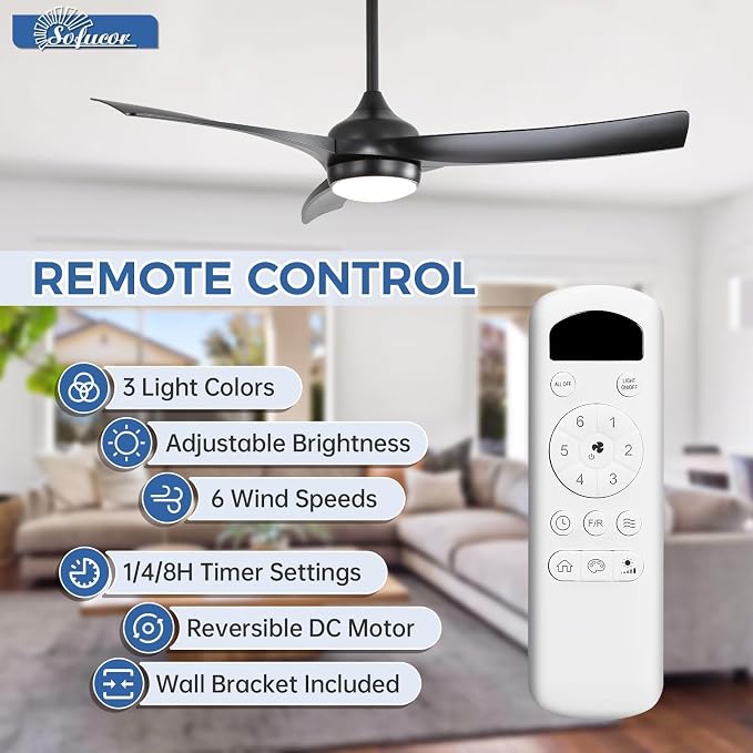52 Inch Ceiling Fan with Light, Outdoor Black Ceiling Fan with Lights Remote Control Airflow 6000CFM 3 CCT Dimmable 3-Timer