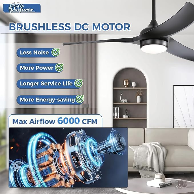 52 Inch Ceiling Fan with Light, Outdoor Black Ceiling Fan with Lights Remote Control Airflow 6000CFM 3 CCT Dimmable 3-Timer