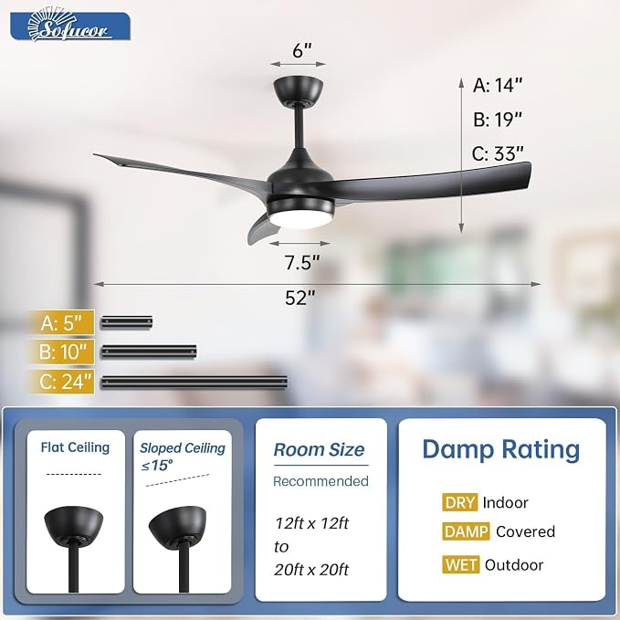 52 Inch Ceiling Fan with Light, Outdoor Black Ceiling Fan with Lights Remote Control Airflow 6000CFM 3 CCT Dimmable 3-Timer
