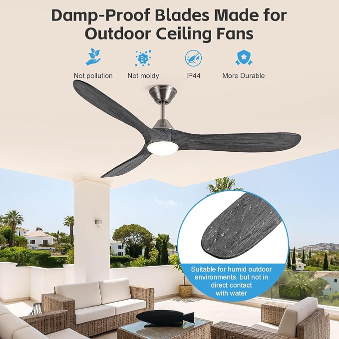 52 inch Ceiling Fan with Light, Outdoor Ceiling Fans for Patios 3 Blade Dimmable Solid Wood Ceiling Fan with Lights
