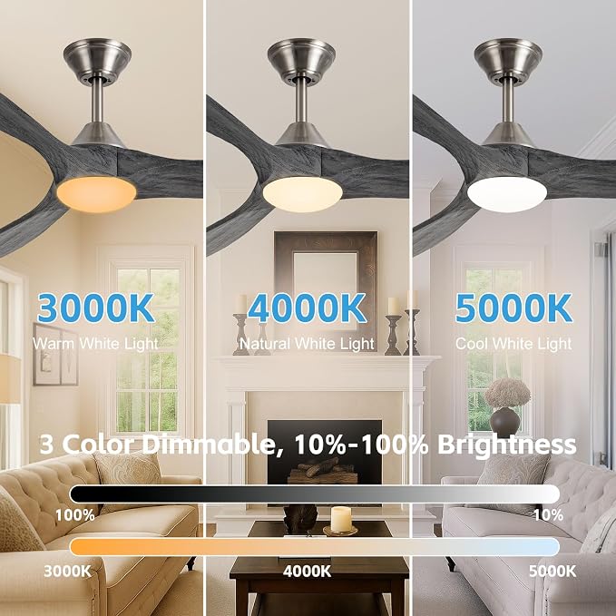 52 inch Ceiling Fan with Light, Outdoor Ceiling Fans for Patios 3 Blade Dimmable Solid Wood Ceiling Fan with Lights