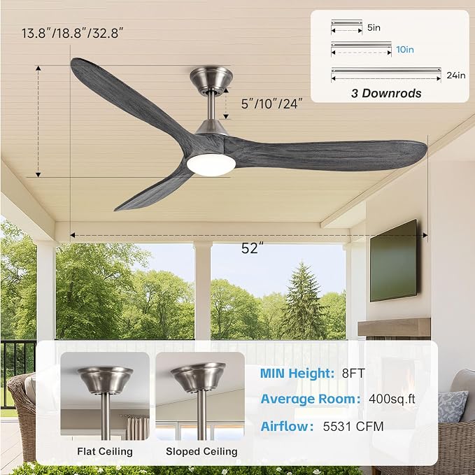 52 inch Ceiling Fan with Light, Outdoor Ceiling Fans for Patios 3 Blade Dimmable Solid Wood Ceiling Fan with Lights