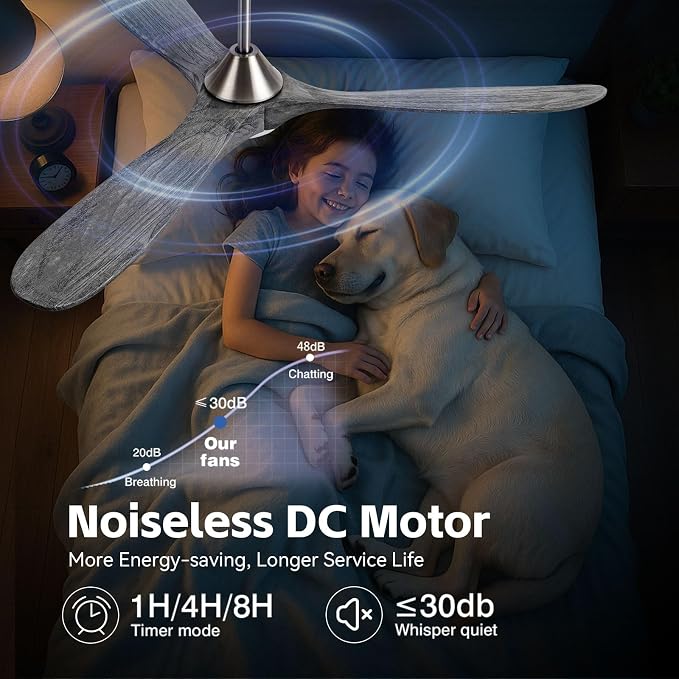 52 inch Ceiling Fan with Light, Outdoor Ceiling Fans for Patios 3 Blade Dimmable Solid Wood Ceiling Fan with Lights