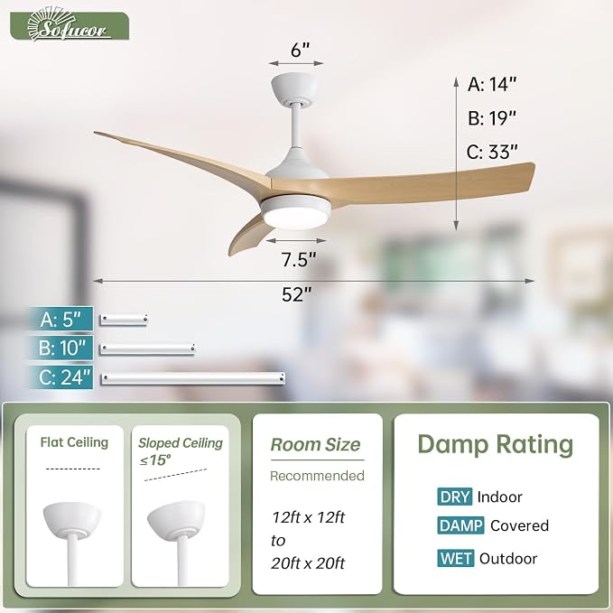 52 Inch Ceiling Fan with Light, Outdoor Modern Ceiling Fan with Lights Remote Control, Airflow 6000CFM 3 CCT Dimmable 3-Timer