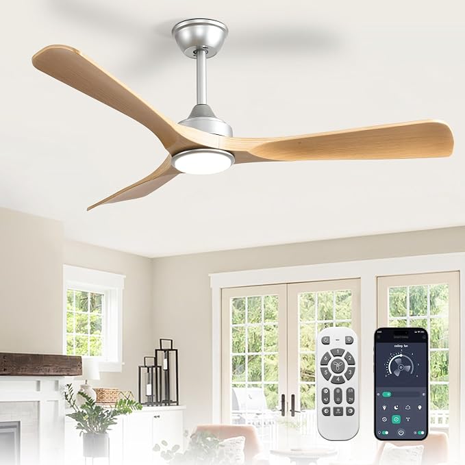 52-Inch Ceiling Fan with Light: Wood 3 Blade Outdoor Fans for Patios - Dimmable Indoor Fan with Remote APP
