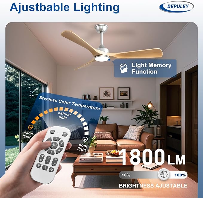 52-Inch Ceiling Fan with Light: Wood 3 Blade Outdoor Fans for Patios - Dimmable Indoor Fan with Remote APP, alternate view 2