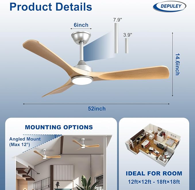 52-Inch Ceiling Fan with Light: Wood 3 Blade Outdoor Fans for Patios - Dimmable Indoor Fan with Remote APP, alternate view 6