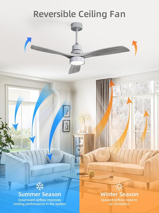52 Inch Ceiling Fan with Lights and Remote Control-Modern Solid Wood Blade Ceiling Fan for Bedroom Living Room Indoor Outdoor