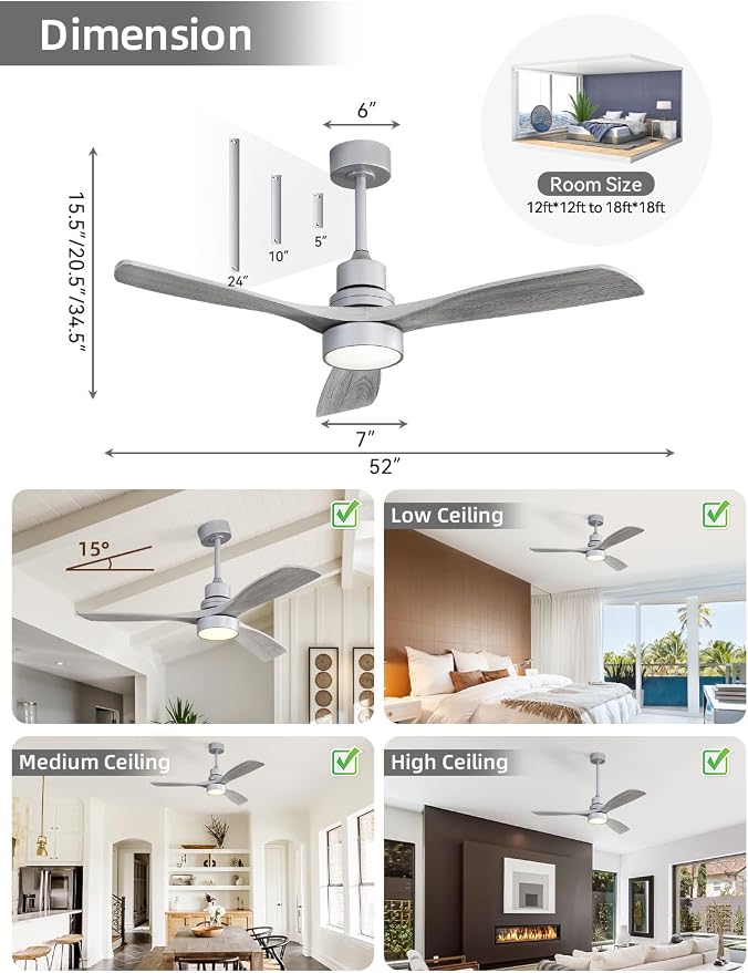 52 Inch Ceiling Fan with Lights and Remote Control-Modern Solid Wood Blade Ceiling Fan for Bedroom Living Room Indoor Outdoor