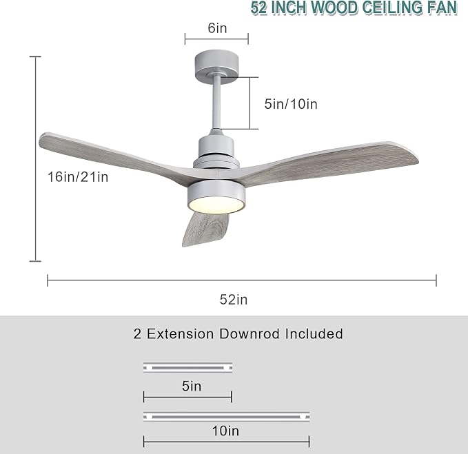 52 Inch Ceiling Fan with Lights and Remote Control-Modern Solid Wood Blade Ceiling Fan for Bedroom Living Room Indoor Outdoor