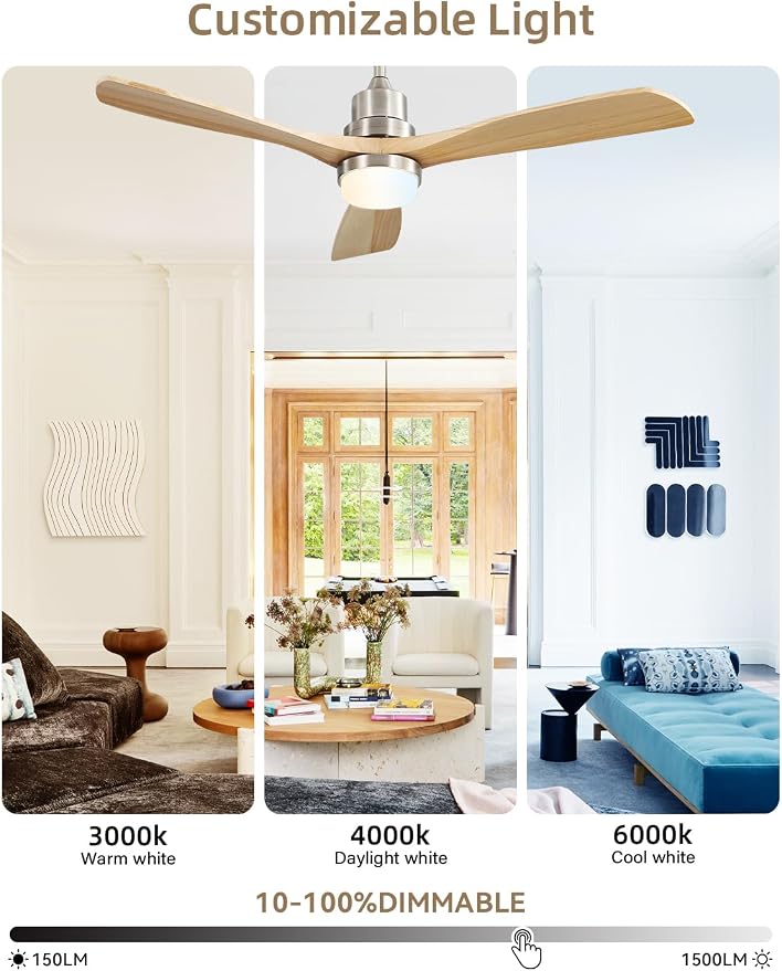 52 Inch Ceiling Fan with Lights and Remote Control-Modern Solid Wood Blade Ceiling Fan for Bedroom Living Room Indoor Outdoor