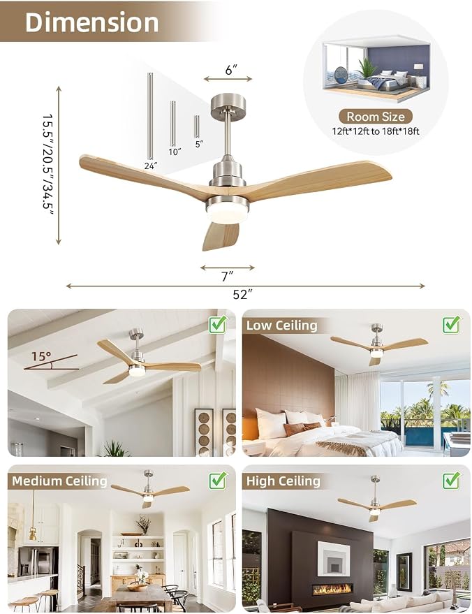 52 Inch Ceiling Fan with Lights and Remote Control-Modern Solid Wood Blade Ceiling Fan for Bedroom Living Room Indoor Outdoor