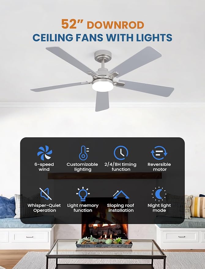 52 Inch Ceiling Fan with Lights and Remote, Downrod Mount, Sloped Ceiling Compatible up to 15°, Quiet Reversible DC Motor