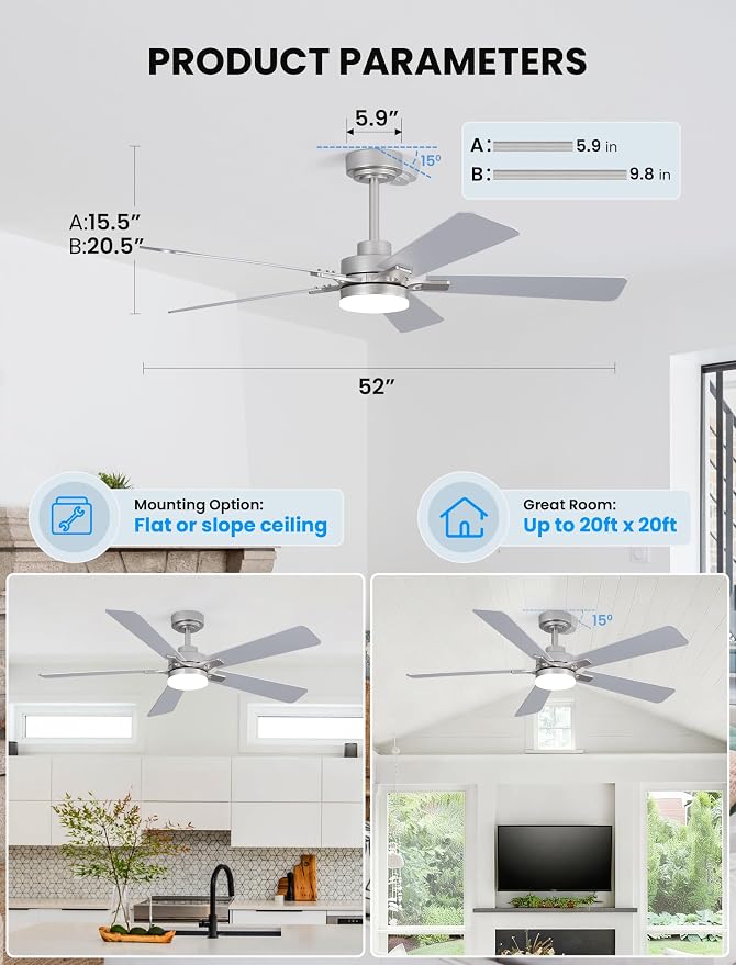 52 Inch Ceiling Fan with Lights and Remote, Downrod Mount, Sloped Ceiling Compatible up to 15°, Quiet Reversible DC Motor