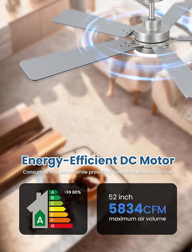 52 Inch Ceiling Fan with Lights and Remote, Downrod Mount, Sloped Ceiling Compatible up to 15°, Quiet Reversible DC Motor