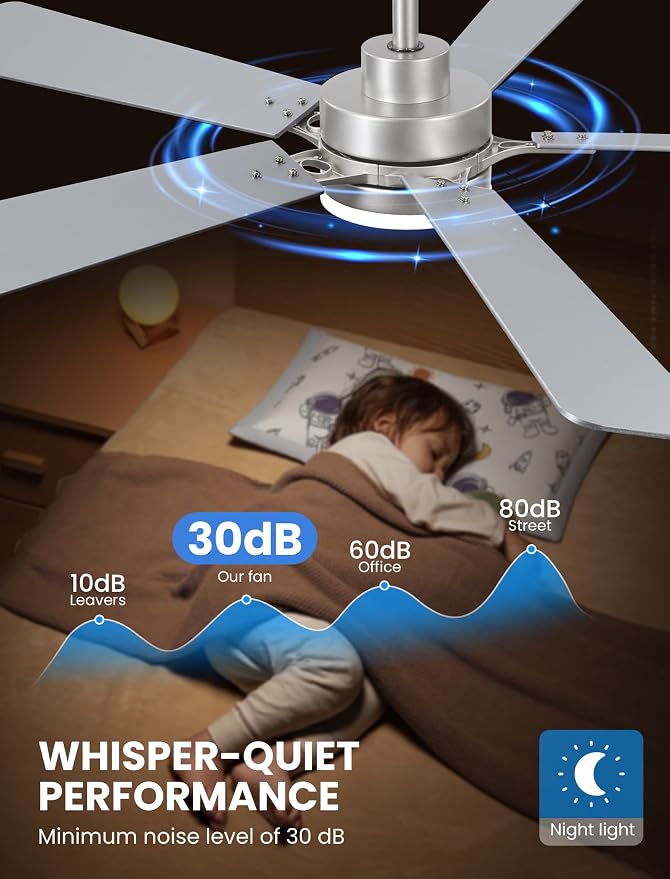 52 Inch Ceiling Fan with Lights and Remote, Downrod Mount, Sloped Ceiling Compatible up to 15°, Quiet Reversible DC Motor