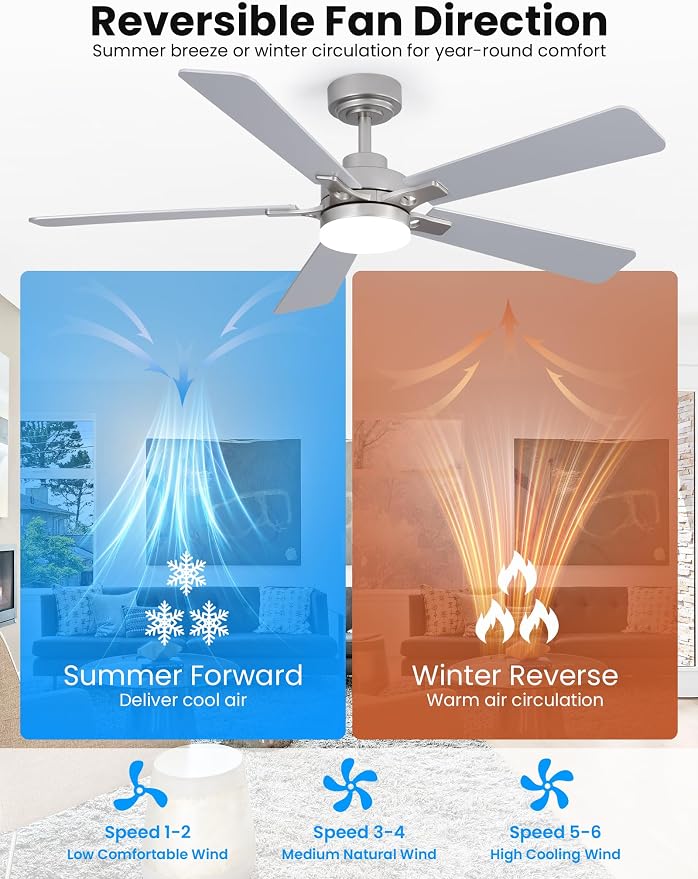52 Inch Ceiling Fan with Lights and Remote, Downrod Mount, Sloped Ceiling Compatible up to 15°, Quiet Reversible DC Motor