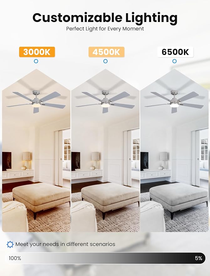 52 Inch Ceiling Fan with Lights and Remote, Downrod Mount, Sloped Ceiling Compatible up to 15°, Quiet Reversible DC Motor
