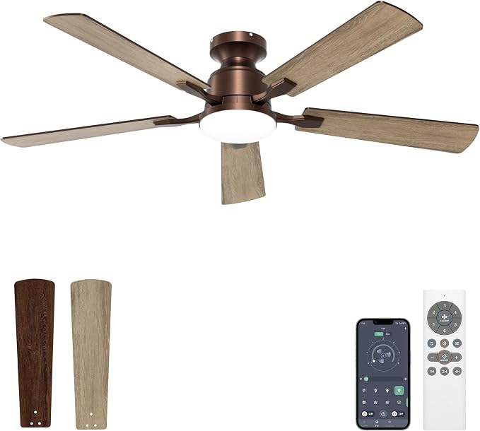 52 Inch Ceiling Fan with Lights Flush Mount, Low Profile Ceiling Fans with Lights, Remote&APP Control,Dimmable 22W LED