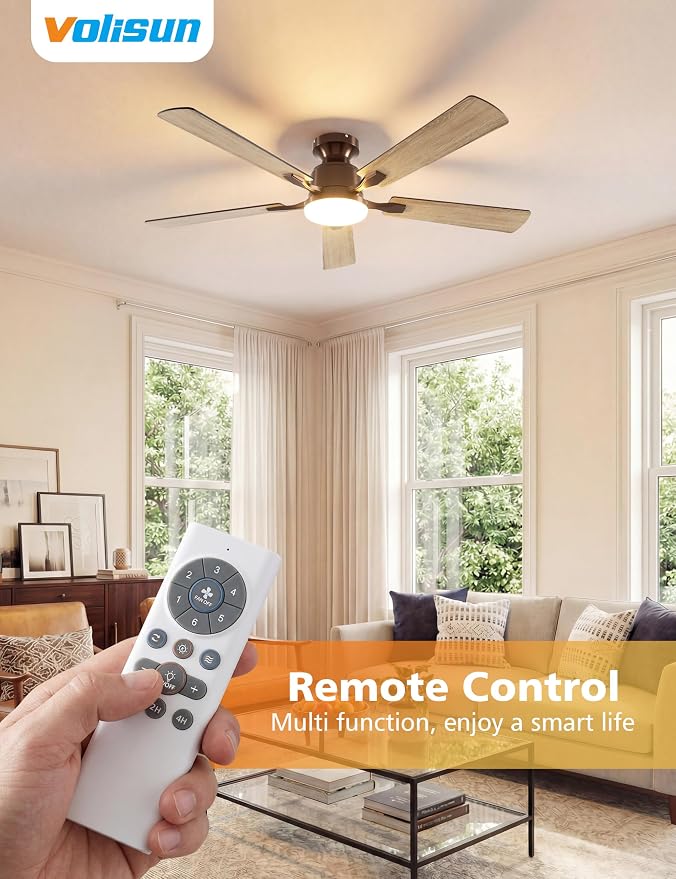 52 Inch Ceiling Fan with Lights Flush Mount, Low Profile Ceiling Fans with Lights, Remote&APP Control,Dimmable 22W LED