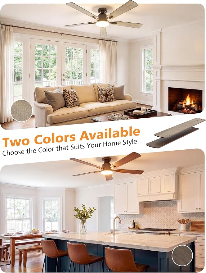 52 Inch Ceiling Fan with Lights Flush Mount, Low Profile Ceiling Fans with Lights, Remote&APP Control,Dimmable 22W LED