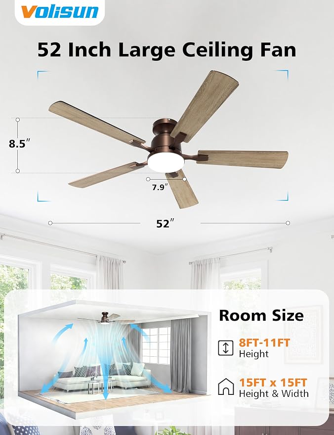 52 Inch Ceiling Fan with Lights Flush Mount, Low Profile Ceiling Fans with Lights, Remote&APP Control,Dimmable 22W LED