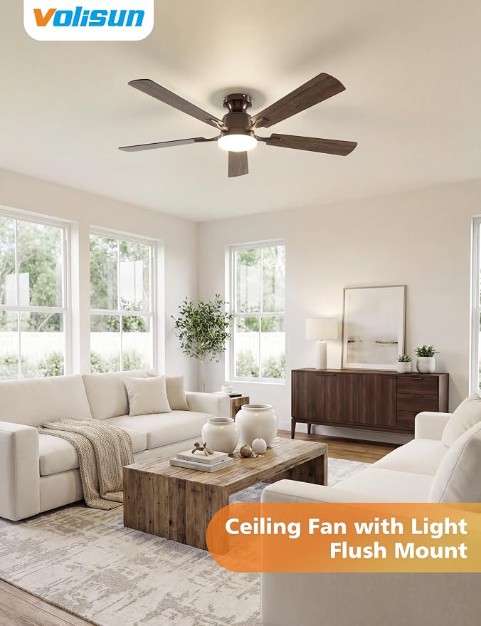 52 Inch Ceiling Fan with Lights Flush Mount, Low Profile Ceiling Fans with Lights, Remote&APP Control,Dimmable 22W LED