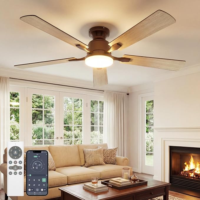 52 Inch Ceiling Fan with Lights Flush Mount, Low Profile Ceiling Fans with Lights, Remote&APP Control,Dimmable 22W LED