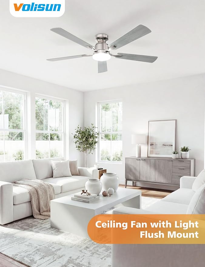 52 Inch Ceiling Fan with Lights Flush Mount, Low Profile Ceiling Fans with Lights, Remote&APP Control,Dimmable 22W LED