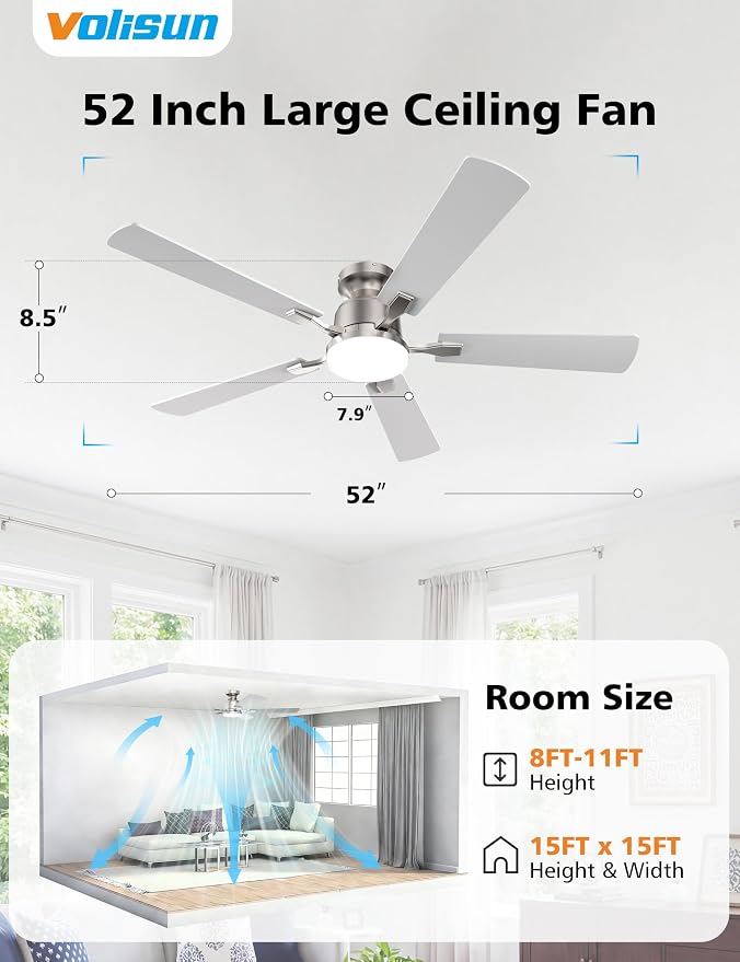 52 Inch Ceiling Fan with Lights Flush Mount, Low Profile Ceiling Fans with Lights, Remote&APP Control,Dimmable 22W LED