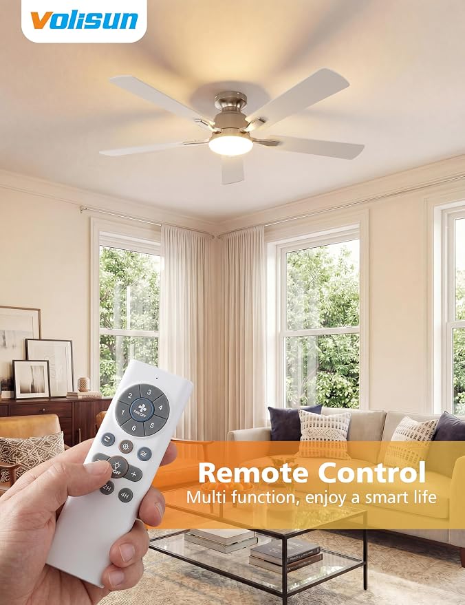 52 Inch Ceiling Fan with Lights Flush Mount, Low Profile Ceiling Fans with Lights, Remote&APP Control,Dimmable 22W LED
