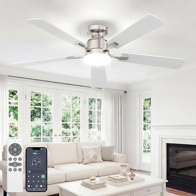 52 Inch Ceiling Fan with Lights Flush Mount, Low Profile Ceiling Fans with Lights, Remote&APP Control,Dimmable 22W LED