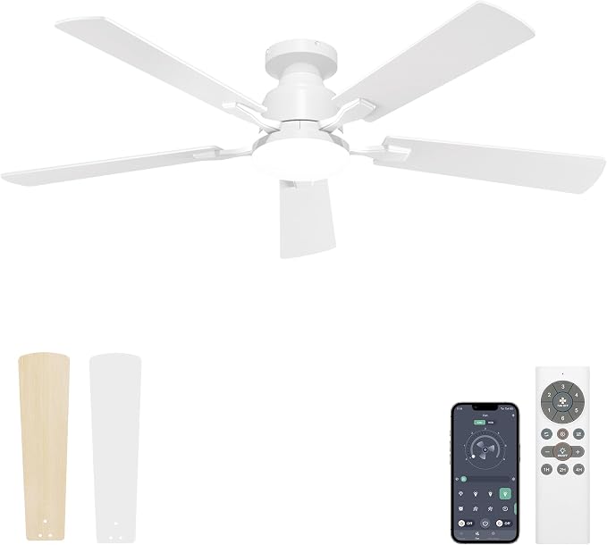 52 Inch Ceiling Fan with Lights Flush Mount, Low Profile Ceiling Fans with Lights, Remote&APP Control, Dimmable