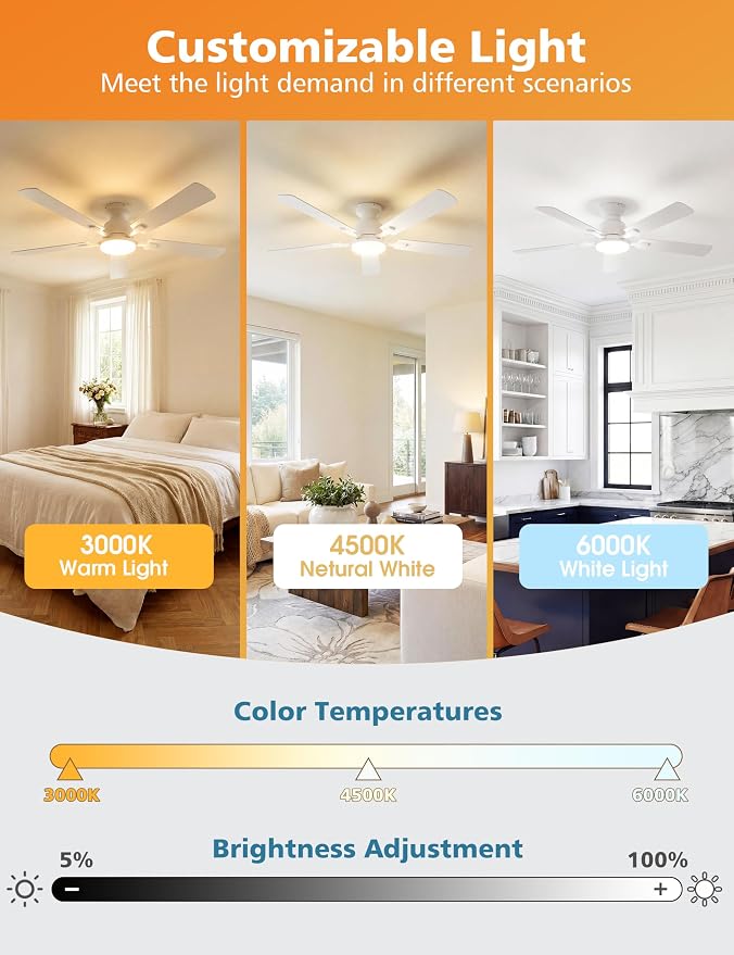 52 Inch Ceiling Fan with Lights Flush Mount, Low Profile Ceiling Fans with Lights, Remote&APP Control, Dimmable, alternate