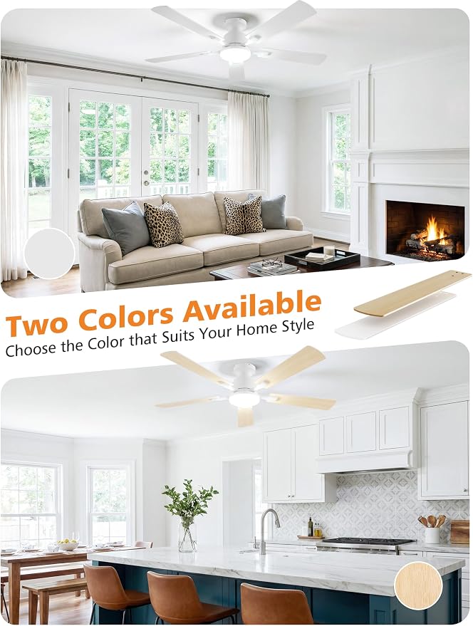 52 Inch Ceiling Fan with Lights Flush Mount, Low Profile Ceiling Fans with Lights, Remote&APP Control, Dimmable, alternate