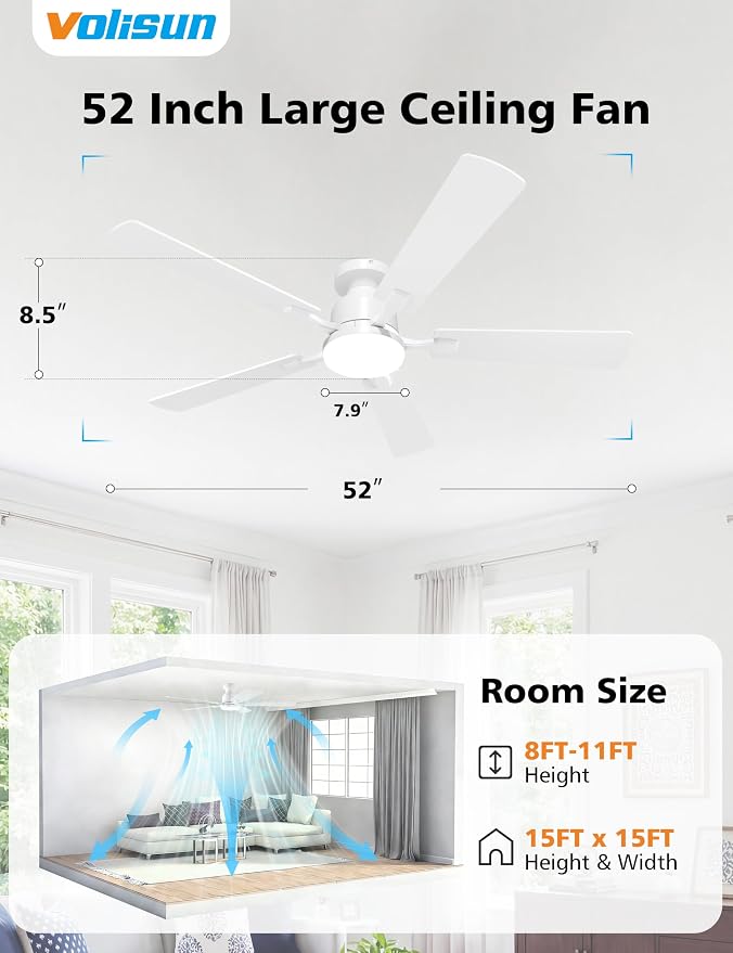 52 Inch Ceiling Fan with Lights Flush Mount, Low Profile Ceiling Fans with Lights, Remote&APP Control, Dimmable, alternate