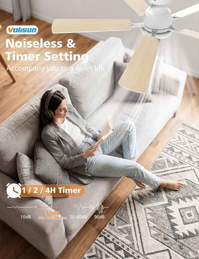 52 Inch Ceiling Fan with Lights Flush Mount, Low Profile Ceiling Fans with Lights, Remote&APP Control, Dimmable, alternate