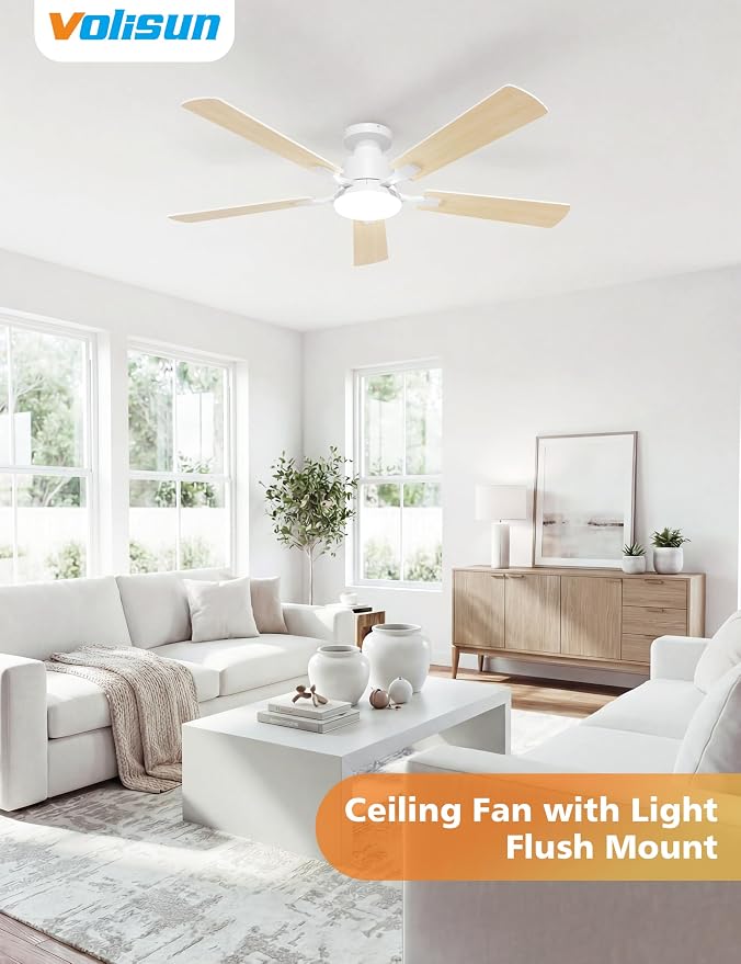 52 Inch Ceiling Fan with Lights Flush Mount, Low Profile Ceiling Fans with Lights, Remote&APP Control, Dimmable, alternate