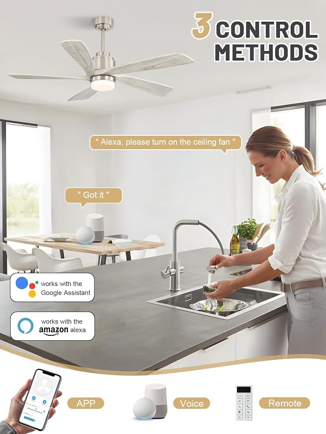52 inch Ceiling Fan with Lights Remote Control, Modern Smart Ceiling Fan Compatible with Alexa Google APP, Indoor Outdoor