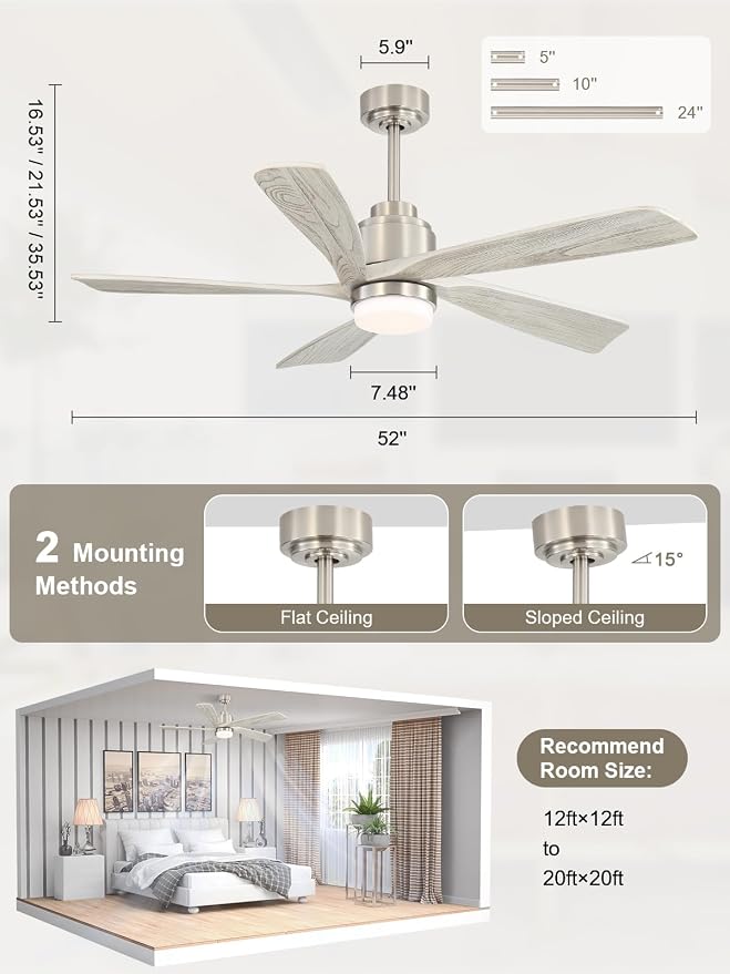52 inch Ceiling Fan with Lights Remote Control, Modern Smart Ceiling Fan Compatible with Alexa Google APP, Indoor Outdoor