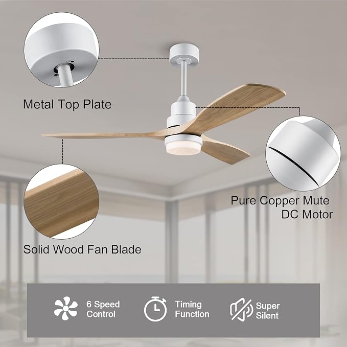 52 Inch Ceiling Fan with Lights, White Ceiling Fans with Remote Control for Low Profile, Garage Ceiling Fan for Flush Mount