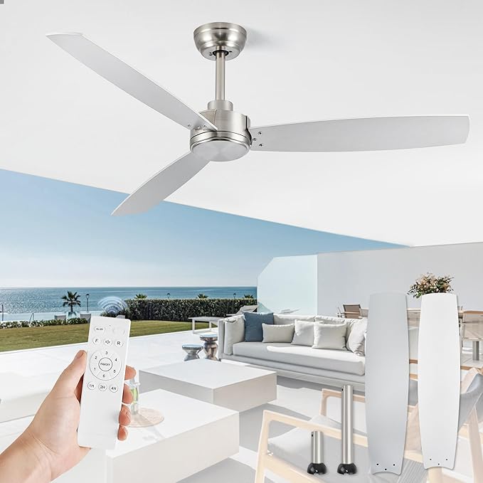 52 Inch Ceiling Fan with Remote No Light, Brushed Nickel & White Outdoor Ceiling Fans with Quiet Reversible DC Motor, 6