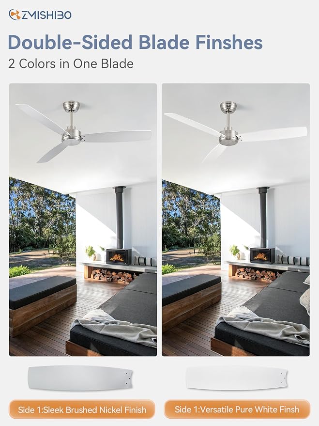 52 Inch Ceiling Fan with Remote No Light, Brushed Nickel & White Outdoor Ceiling Fans with Quiet Reversible DC Motor, 6