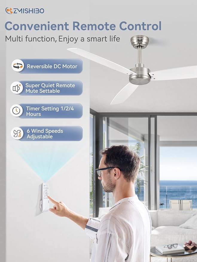 52 Inch Ceiling Fan with Remote No Light, Brushed Nickel & White Outdoor Ceiling Fans with Quiet Reversible DC Motor, 6