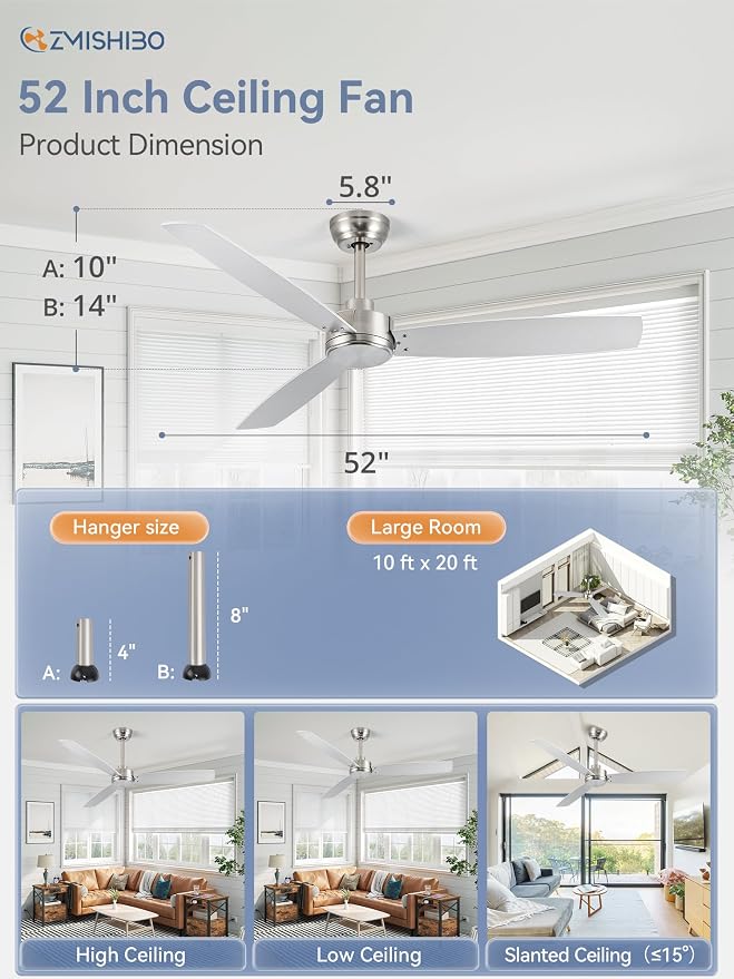 52 Inch Ceiling Fan with Remote No Light, Brushed Nickel & White Outdoor Ceiling Fans with Quiet Reversible DC Motor, 6