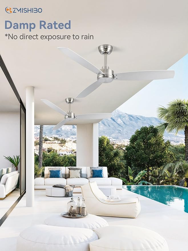 52 Inch Ceiling Fan with Remote No Light, Brushed Nickel & White Outdoor Ceiling Fans with Quiet Reversible DC Motor, 6