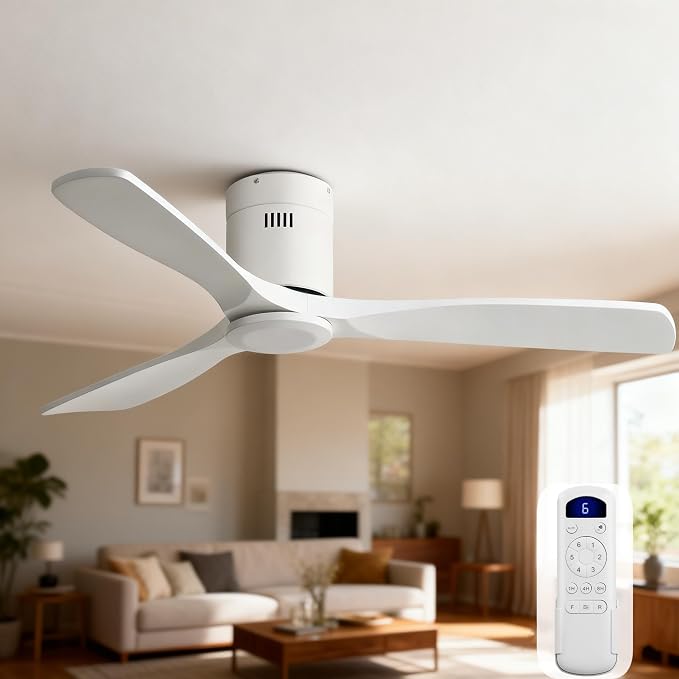 52 Inch Ceiling Fan Without Lights Flush Mount White Solid Wood Ceiling Fan with Remote Control-3 Blades Modern