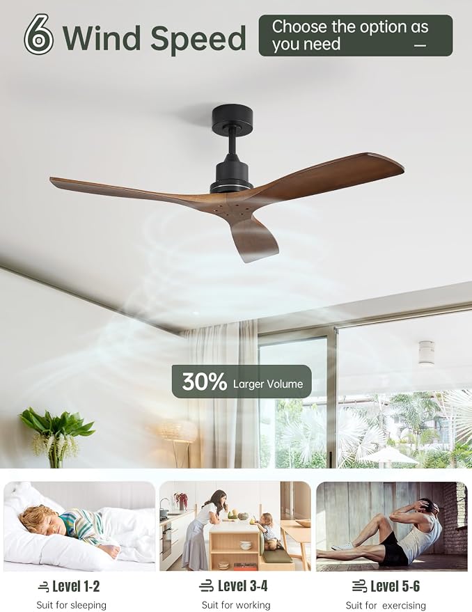 52 Inch Ceiling Fans No Light-Outdoor Ceiling Fan with Remote Control, 3 Blade Reversible DC Motor, Modern Wood Ceiling Fan