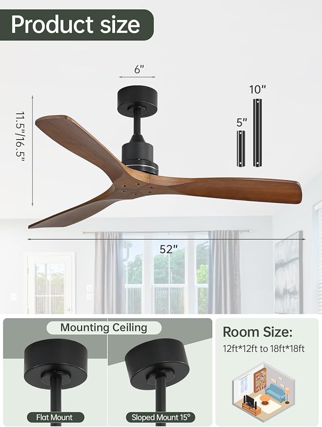 52 Inch Ceiling Fans No Light-Outdoor Ceiling Fan with Remote Control, 3 Blade Reversible DC Motor, Modern Wood Ceiling Fan